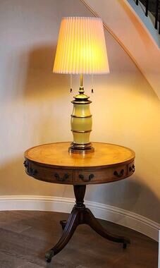 Mid Century STIFFEL Yellow Enamel / Brass DBL Socket Table Lamp 35.5" VINTAGE